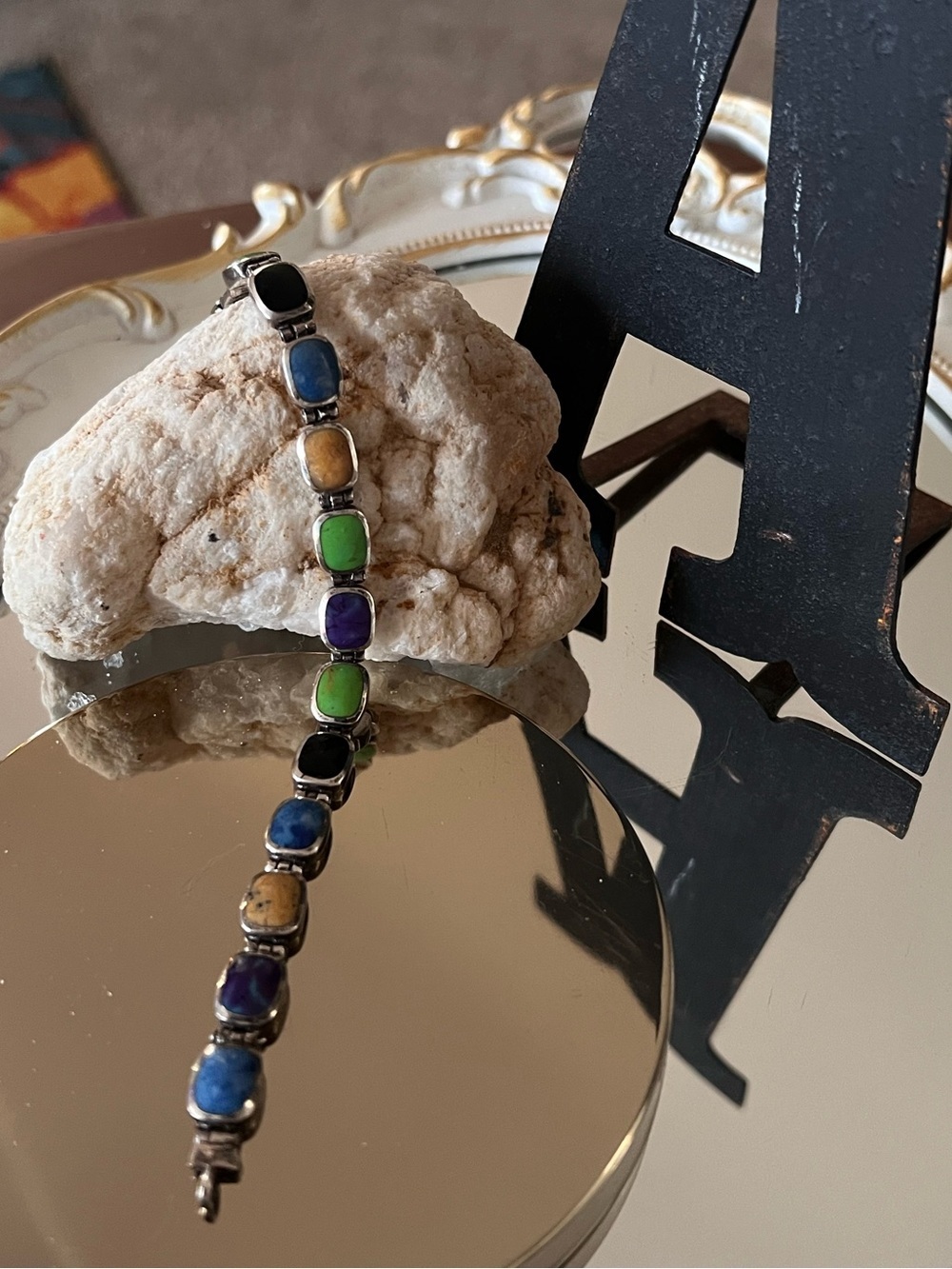 Mexican Sterling Silver Multi-Stone Link Bracelet